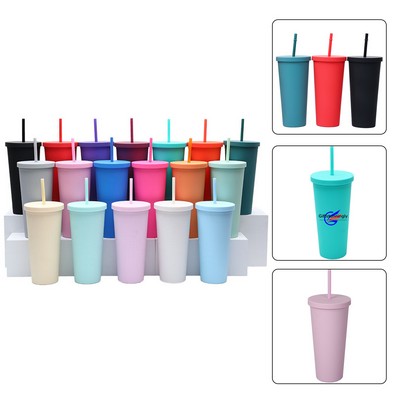 24 oz Double Walls Plastic Water Cup With Lid and Straw
