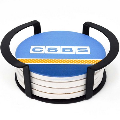 4 Pc. Round Ceramic Coaster Set In Black Metal Stand