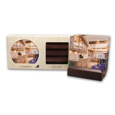 Dark Wood Stand Gift Set w/ 4 Square Coasters
