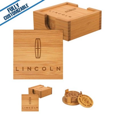 Bamboo Square 4 Coaster Set w/Holder (4" x 4")
